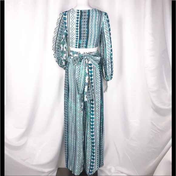 Zhu Ulma Minty Green Geo Paisley Print Crop Top Pant Set SzXS Wide Leg Side Wrap - Picture 4 of 16